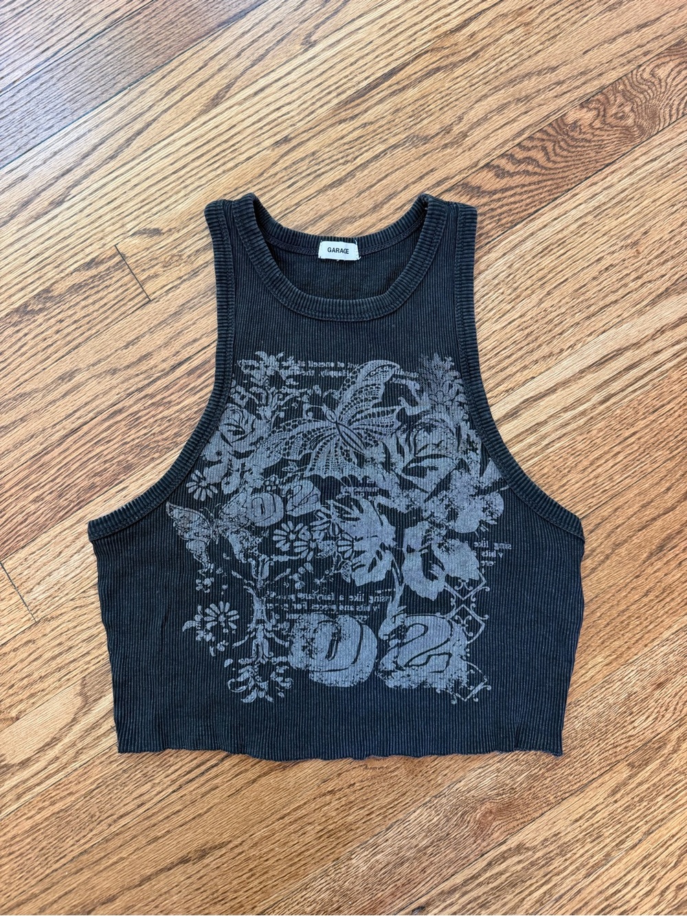 Garage Black Ribbed Cropped Tank with Gray Floral Graphic | Women’s Sz S